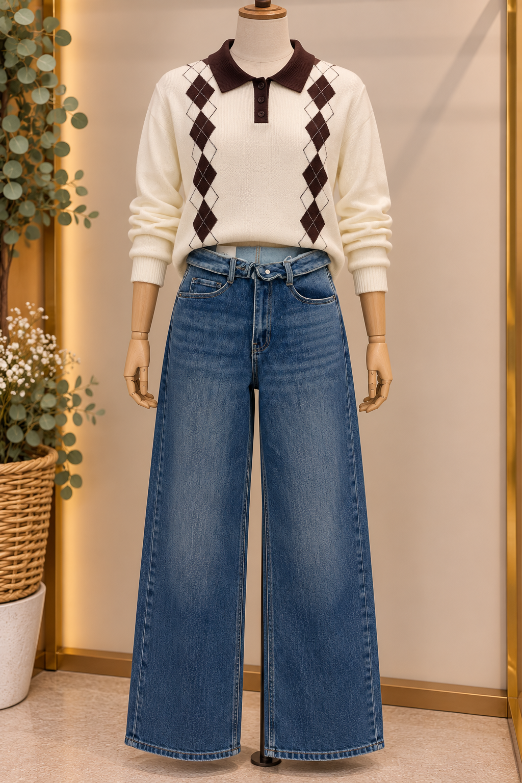Pantalón Vaquero Wide Leg con Cintura Vuelta