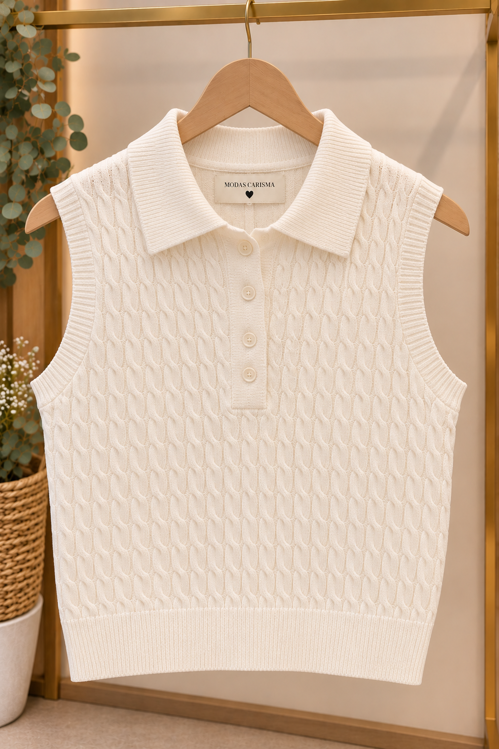 Chaleco de Punto Trenzado con Cuello Polo
