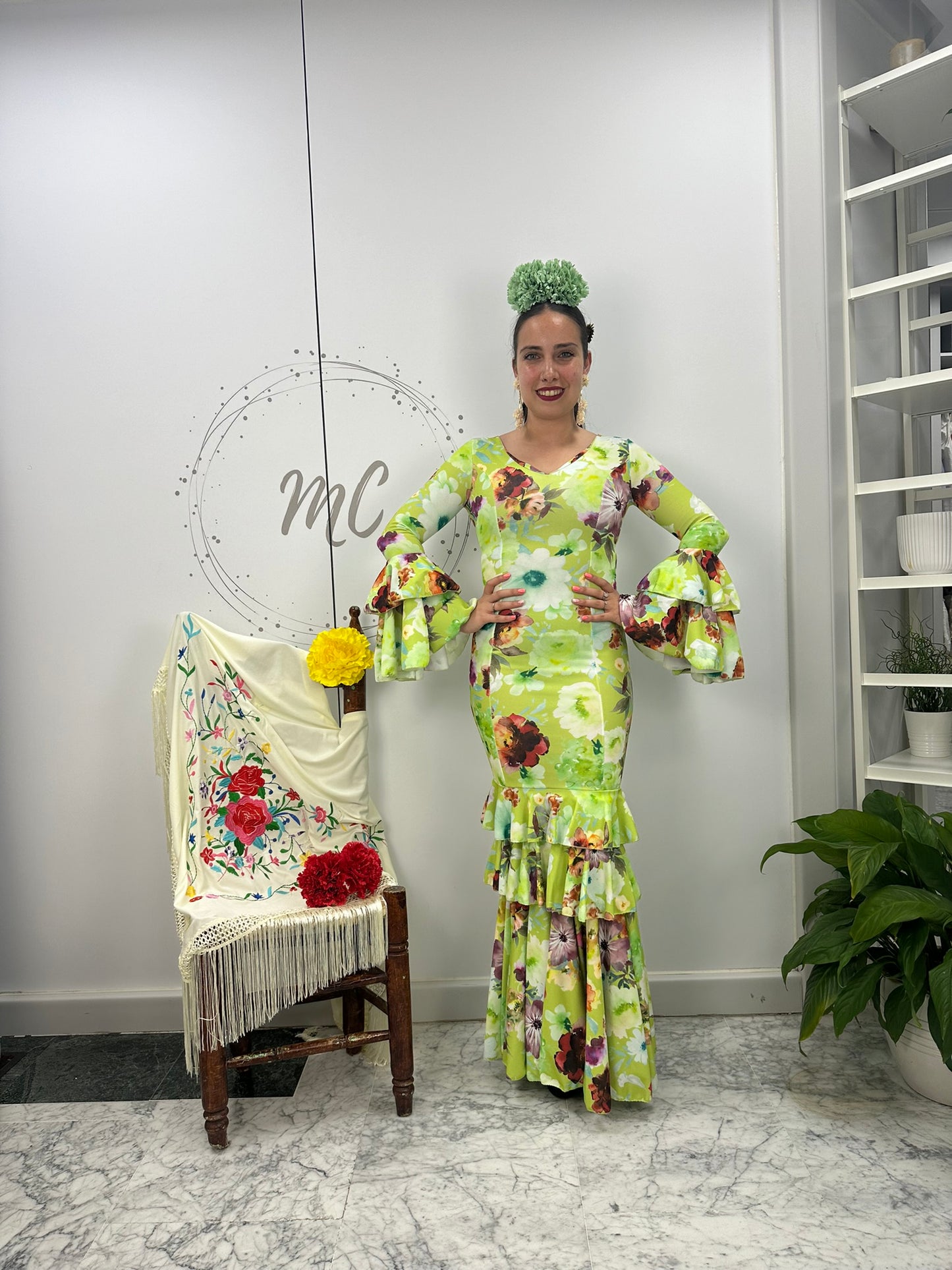 VESTIDO FLAMENCA FLORES VERDE
