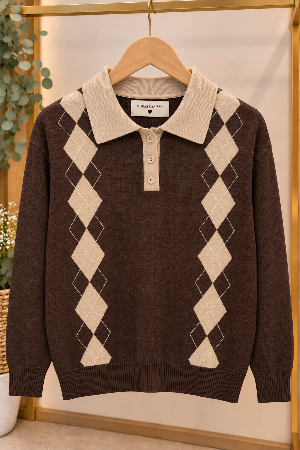 Jersey de Punto Rombos con Cuello Polo