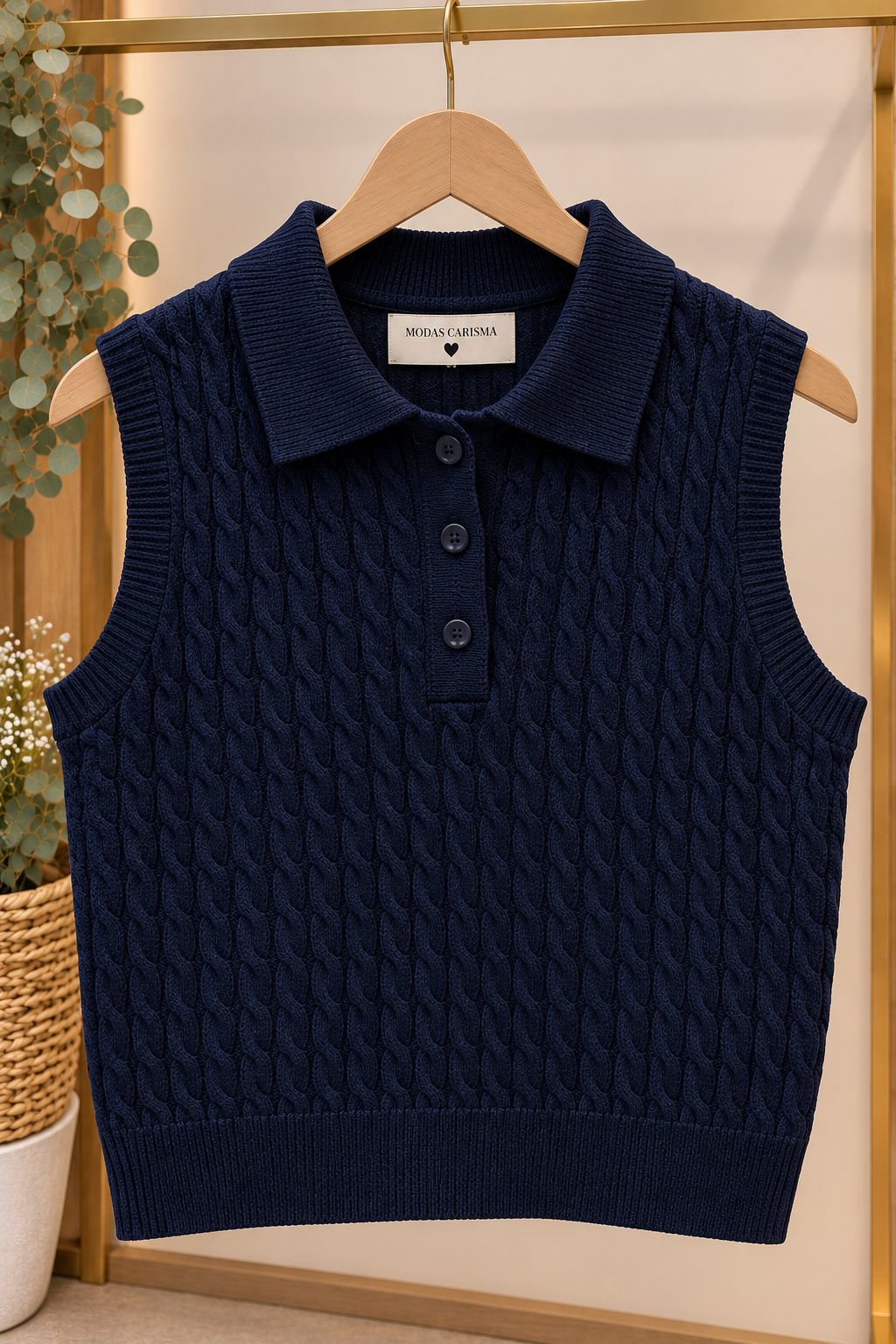 Chaleco de Punto Trenzado con Cuello Polo