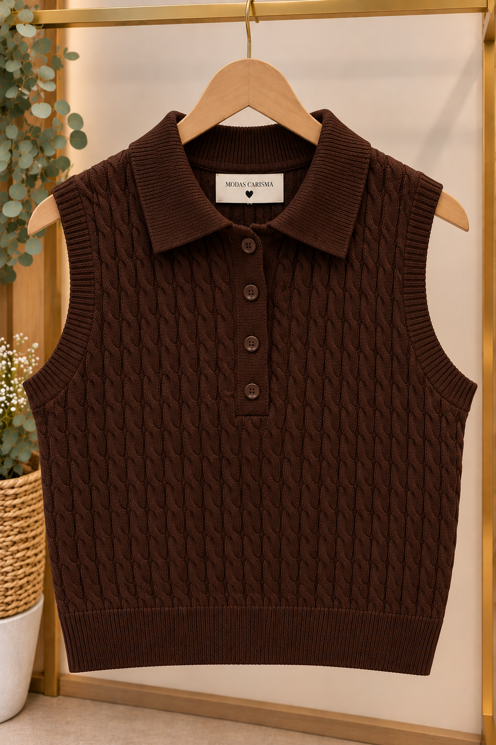 Chaleco de Punto Trenzado con Cuello Polo