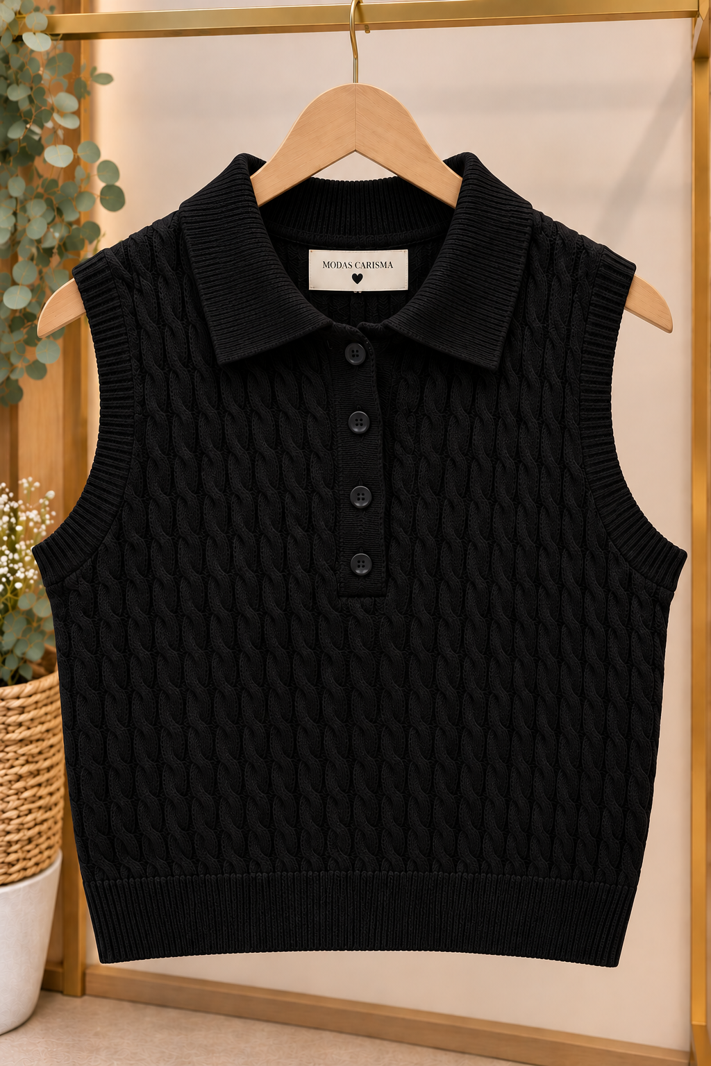 Chaleco de Punto Trenzado con Cuello Polo