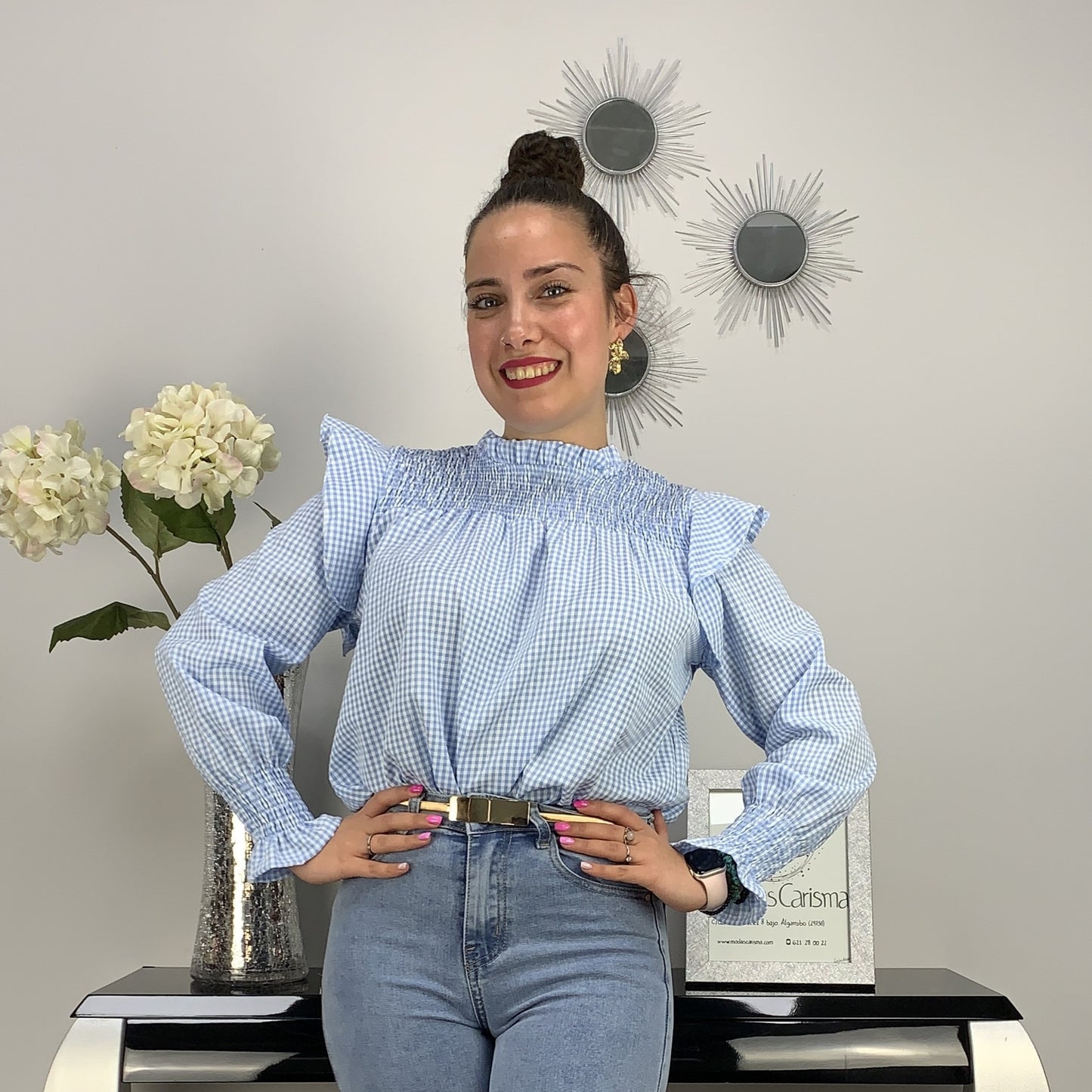 BLUSA CUADROS VICHY CELESTE