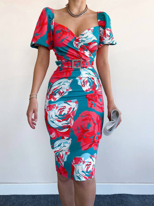 VESTIDO MIDI ESTAMPADO FLORES MANGA ABULLONADA